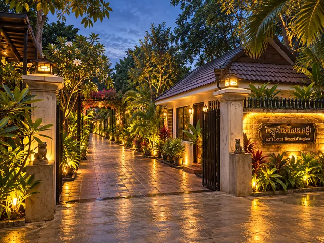 Illuminated entrance to Ry’s Lotus Resort