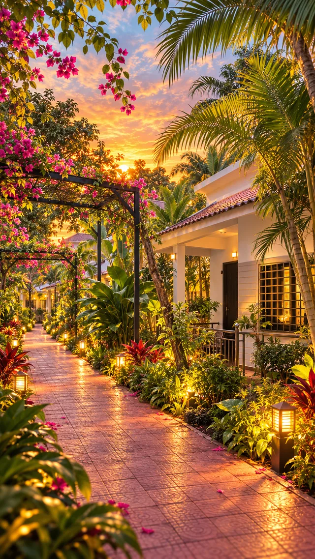 Garden path between the resort villas at sunset