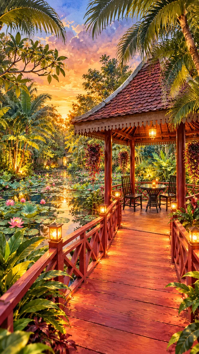 Lotus pond and wooden pavilion in the resort garden