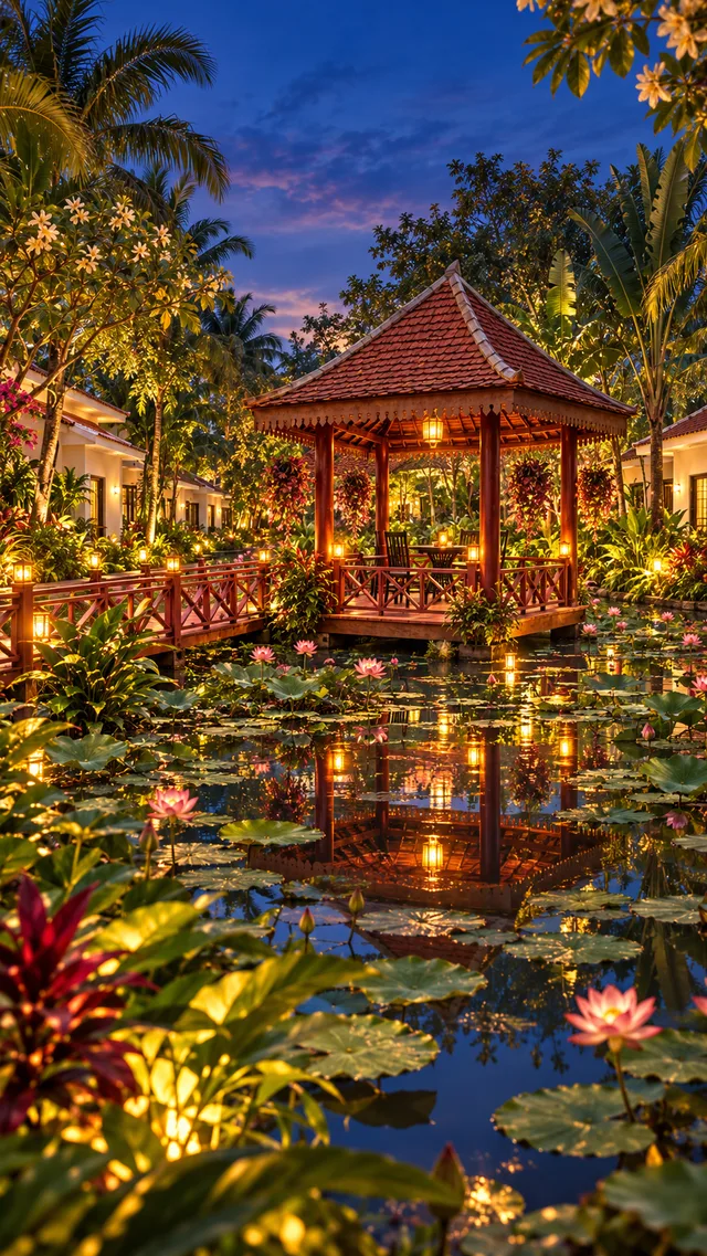 Wooden pavilion reflected in the lotus pond