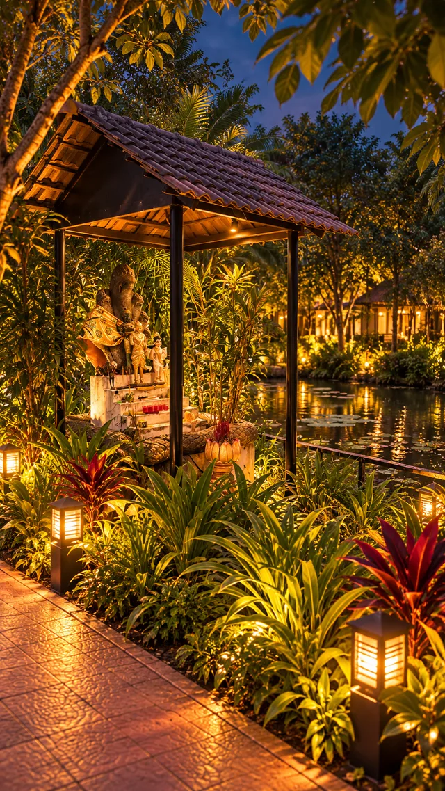 Shrine surrounded by tropical plants beside the pond